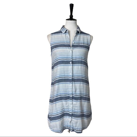 BeachLunchLounge Women's Cotton Collared Shirtdress White Blue Stripe Size Small - Picture 1 of 11